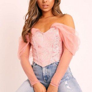 Corset Valentines Bardot Puff Sleeve Off Shoulder Chiffon Top